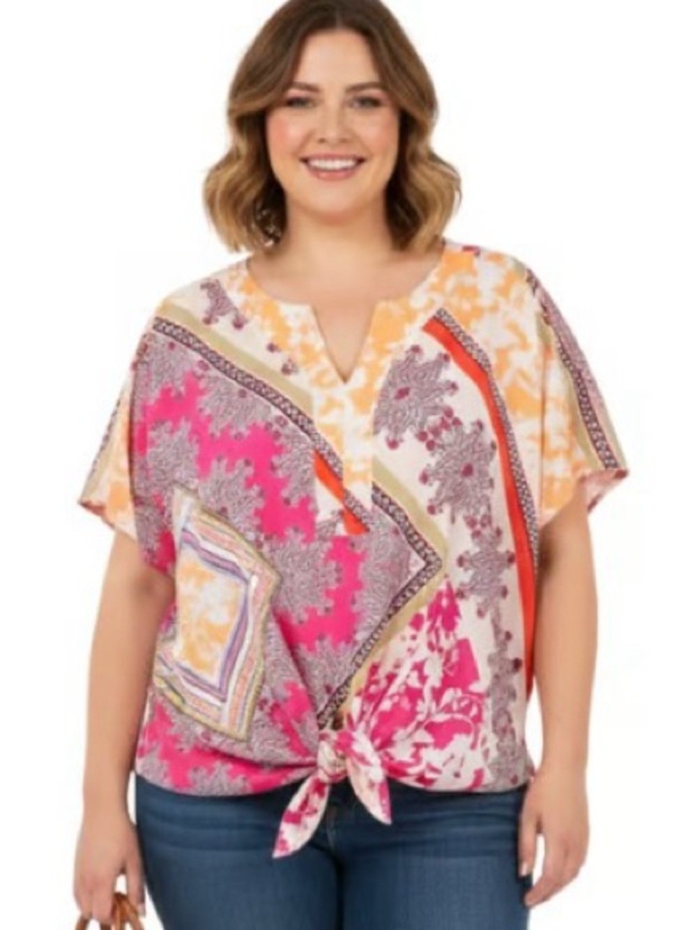 Chico's Floral Pink Paisley Tie Front Top Plus Size 4 ( US 20 / 22 XXL) Bandana